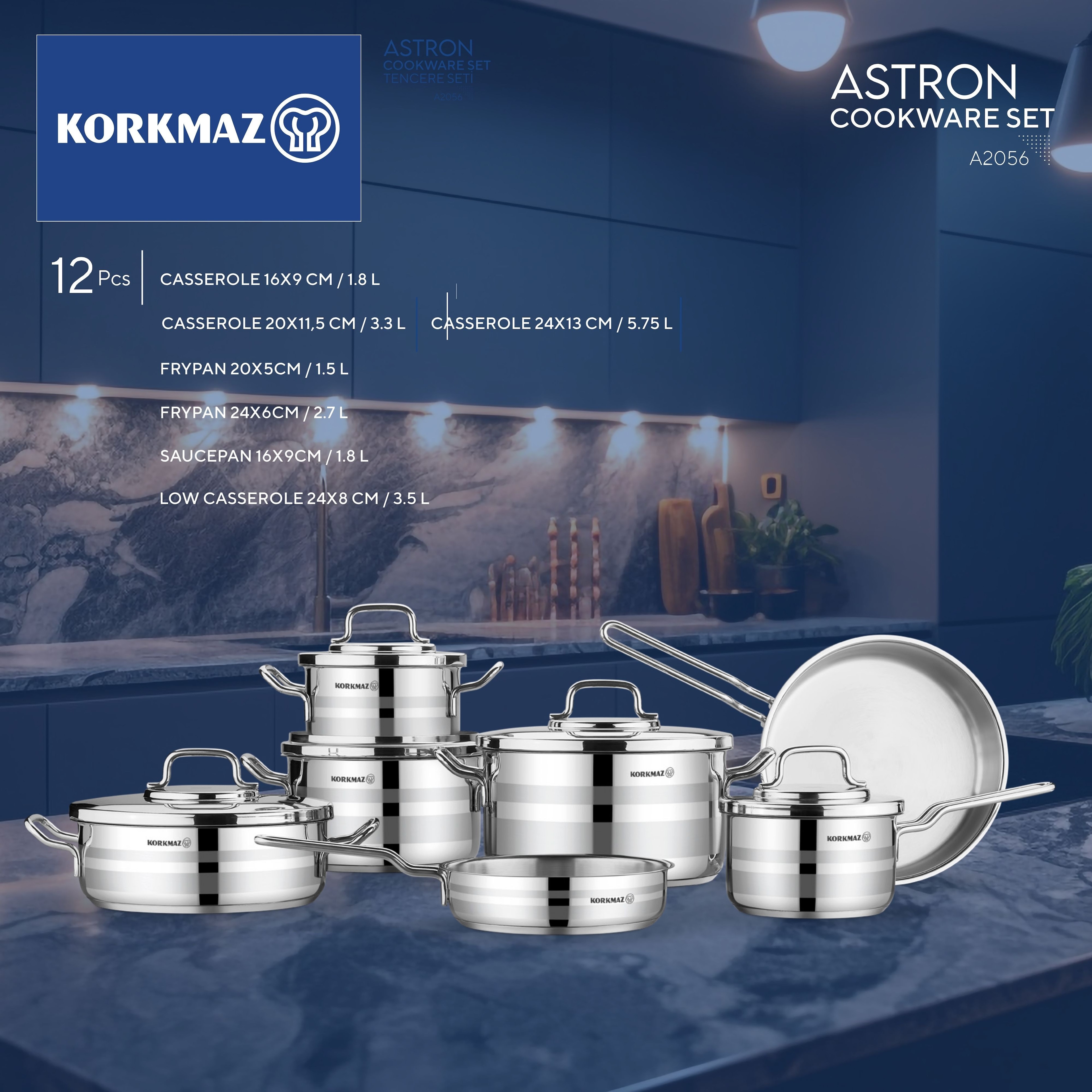 Korkmaz Astron 12-Piece Stainless Steel Cookware Set Induction Base