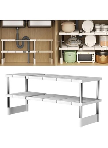 Expandable Sink Organizer, 2 Tier Under Sink Organizers, Under Cabinet Shelf Organizer, Kitchen Organizers and Storage with 8 Removable Plastic Boards for Bathroom, Pantry, Entryway, Closet, Black