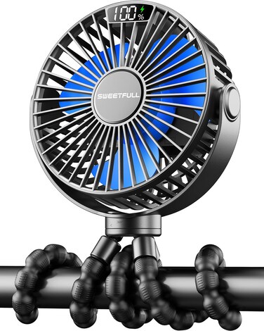 SWEETFULL Baby Stroller Portable Fan with Display 4000mAh Battery Powered Mini Clip On Fan, 360&deg;Rotate 4-Speed Rechargeable Small Personal Cooling for Baby Car Seat Crib Travel - Black