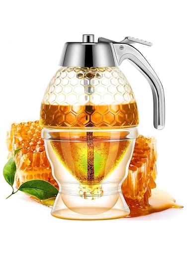 Honey Dispenser with Stand Honey Container, Acrylic Syrup and Sugar Jar Pot, No Drip Honey Dispenser with High Capacity, Easy Works, Great for Syrup, Sugar, Sauces, Condiments, Handy Stopper - 1Pcs