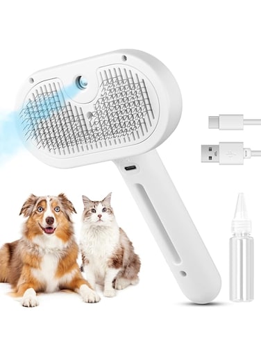 Aputue Cat Steam Brush, 3 In 1 Steamy Pet Brush with Release Button and Tank, Anti-Static Cat Steamy Brush, Self Cleaning Cat Grooming, Rechargeable Cat Brush for Removing Tangled and Loose Hair