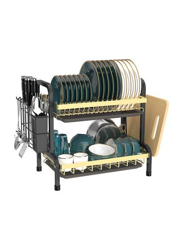 Dish Rack, 2 Tier Dish Rack Drainer Set, Large Anti-Rust Dishwasher with Drip Tray Knife Holder, Kitchen Dishwasher Cutting Board Holder Dishwasher Drying Rack for Counter (Black)