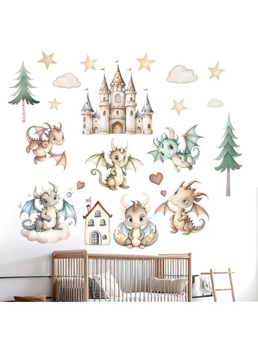 Baby Dragon Wall Stickers for Boys: Peel and Stick Cute Stars Clouds Tree Wall Decals - Wall Decor Art Kids Supplies Ages 1-12 Year
