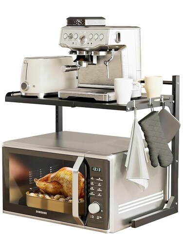 Extendable Microwave Oven Rack Microwave/Toaster Shelf Heavy Duty Stand Kitchen Counter Top Organizer Adjustable Height &amp; Length 2-Tier with 6 Hooks (2 Layers of Black)