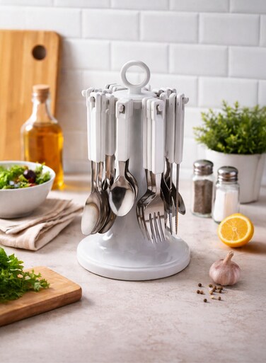 24-Piece Stainless Steel Cutlery Set with Stand Portable Spoon Fork Knife &amp; Teaspoon Flatware Set with Polypropylene Handles, Cutlery Holder Organizer for Home, Ramadan Iftar, Outdoor Picnic, Dinner Parties &amp; Gatherings
