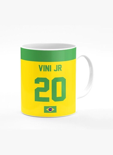 Designer Printed Coffee Mug with Heavy Duty Handle 11oz Ceramic Personalised Gift Mugs Cup [Microwave Safe &amp; Dishwasher Proof] -Football Team - Brazil Player Name - Vini Jr