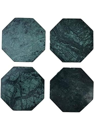 Lamac Crafts 100% Marble 9cm Coasters Set Spoon Rest Warming Coffee Mug Mat - Marble, Kitchen Caddy, Office Pot (Green Octagon)