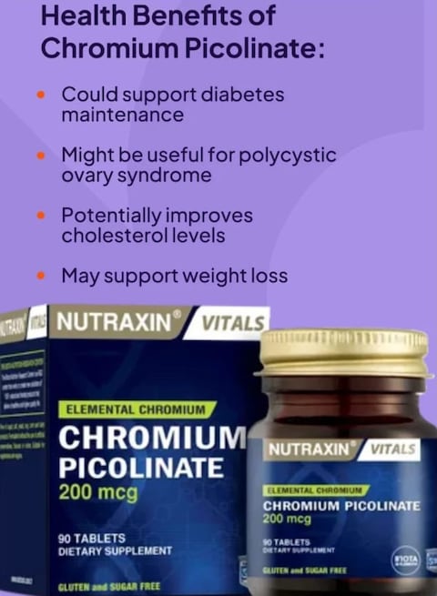 Nutraxin Chromium Picolinate 200 mcg Gluten and Sugar Free 90 tablets