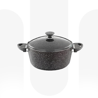 Safflon 28 cm Diameter Non-stick and Non-toxic Brown Granite Casserole ovensafe with Glass Lid   Granite Coated Induction Compatible Aluminium Cooking Pot   Made in Turkey   one pot meals