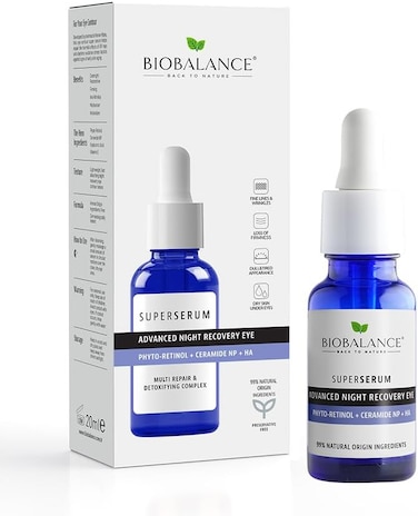 بايو بالانس سيروم سوبر سيروم ادفانسد للتعافي الليلي للعيون، غني بالفيتو ريتينول والسيراميد ان بي + اتش ايه، مركب متعدد الاصلاح وازالة السموم، 20 مل