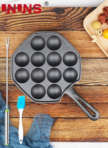 Takoyaki Baking Mould Pan,12-pits Cast Iron NonStick Takoyaki Pan With 2 PCS Takoyaki Sticks,1 Glove And 1 Brush,Cookware For Pancake Puffs,Black