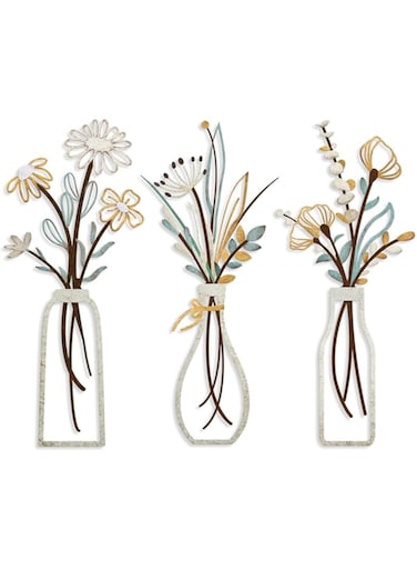 Metal Flowers Wall Arts, Rustic Farmhouse Decor Beige Minimalist Flower Wall Decors for Living room Bathroom Bedroom Dining Room, Housewarming Gifts, 3 Pieces, Beige Gold