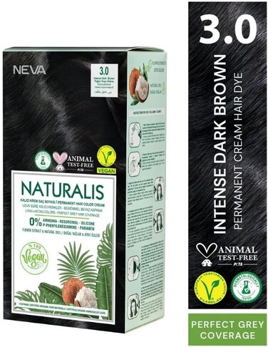NEVA&nbsp;Naturalis Permanent Hair Color, Vegan,100% Gray Coverage, Organic, No Harmful Chemicals, Ammonia Free, Long-Lasting - INTENSE DARK BROWN - 3.0