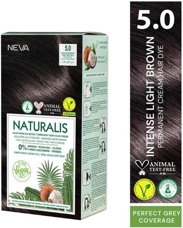 NEVA&nbsp;Naturalis Permanent Hair Color, Vegan,100% Gray Coverage, Organic, No Harmful Chemicals, Ammonia Free, Long-Lasting - INTENSE LIGHT BROWN - 5.0