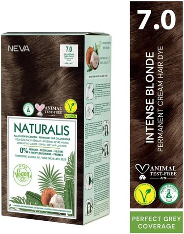 NEVA&nbsp;Naturalis Permanent Hair Color, Vegan,100% Gray Coverage, Organic, No Harmful Chemicals, Ammonia Free, Long-Lasting - INTENSE BLONDE - 7.0