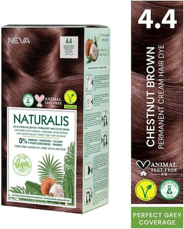 NEVA Naturalis Permanent Hair Color, Vegan,100% Gray Coverage, Organic, No Harmful Chemicals, Ammonia Free, Long-Lasting - CHESTNUT BROWN - 4.4