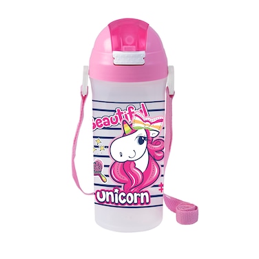 Herevin 610ml Unicorn Printed School Bottle with Straw - BPA-Free Kids Water Bottle Made of PP, TPE, Silicone &amp; Steel, Pink