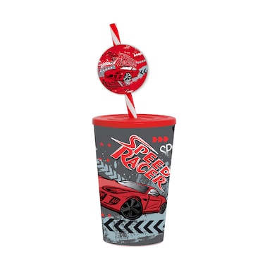 Herevin 340ml Speed Racer Printed Kids Tumbler with Fancy Straw &ndash; Multicolor BPA-Free PP Sipper Cup with Secure Lid