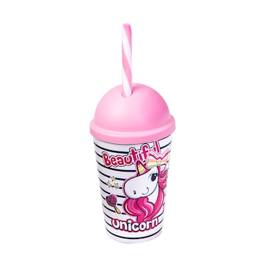 Herevin 340ml Pink Unicorn Printed Tumbler with Straw - BPA-Free PP Kids Sipper Cup with Secure Lid