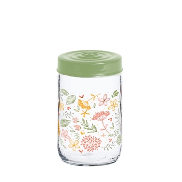 Herevin 660ml Glass Spice Jar with Decorative PP Green Lid Botanic, Transparent