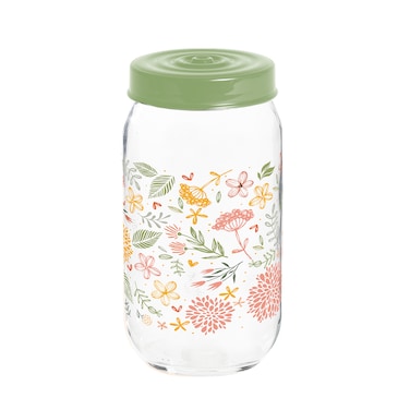 Herevin 1 Liter Glass Spice Jar with Decorative PP Green Lid Botanic, Transparent
