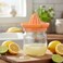 Herevin Glass &amp; Polypropylene 425ml Citrus Squeezer, Manual Lemon &amp; Orange Juicer with Glass Container, BPA Free Hand Press Fruit Juice Extractor for Kitchen, Home &amp; Daily Use &ndash; Clear (Cap Color Assorted)