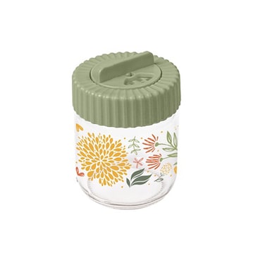 Herevin 200ml Glass Decorated Spice Jar with Airtight PP Green Lid - Botanic Design, SCT, Transparent