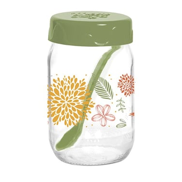 Herevin 370ml Glass Spice Jar with Decorative PP Green Lid and Spoon Botanic, Transparent
