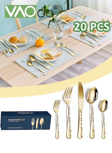 20PCS Gold Cutlery Set, Flower and Butterfly Pattern Flatware Set, Mirror Polished Tableware Set, Eating Utensils Set, Knives Spoons Fork Tea Spoon Small Fork*4