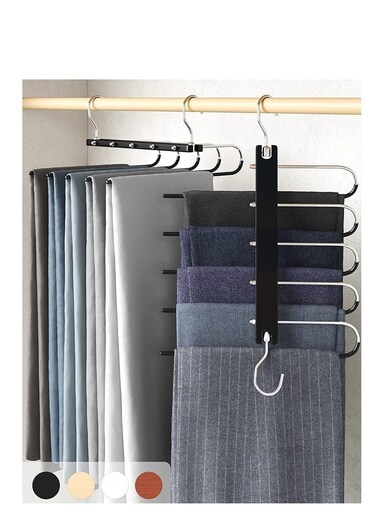 Magic Pants Hangers Space Saving Closet Hangers 5 Layers 2 Uses Multi Functional Pants Rack   Solid Metal &amp; Wood Heavy Duty Wardrobe Organizer Racks for Clothes Trousers ( 2-Pack Black)