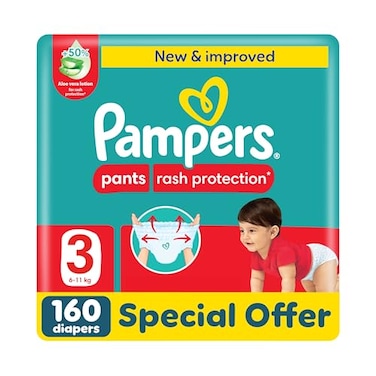 Pampers Rash Protection Pants Diapers, Size 3, 6-11kg, +50% Aloe Vera Lotion, 360&deg; Leak-Free Fit For Up To 100% Leakage Protection, Giant Pack, 160 Count
