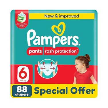 Pampers Rash Protection Pants Diapers, Size 6, 16-21kg, +50% Aloe Vera Lotion, 360&deg; Leak-Free Fit For Up To 100% Leakage Protection, Giant Pack, 88 Count