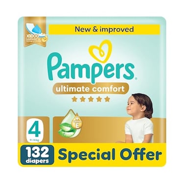 Pampers Ultimate Comfort Taped Diapers, Size 4, 9-14kg, Lotion Infused With Aloe Vera And Vitamin E, X1000leak Locks Technology For Leakage Protection, Giant Pack, 132 Count