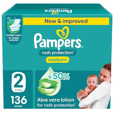 Pampers Rash Protection Taped Diapers, Size 2, 3-8kg, +50% Aloe Vera Lotion For Rash Protection, 3X Fortified Layers For Leakage Protection, Jumbo Box, 136 Count