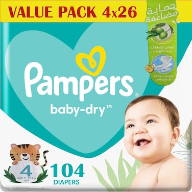 Pampers Baby Dry Taped Diapers, Size 4, 9-18 kg, Baby Lotion with Olive Oil, 104 Diapers