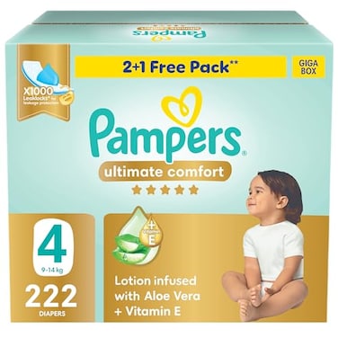Pampers Ultimate Comfort Taped Diapers, Size 4, 9-14kg, Lotion Infused With Aloe Vera And Vitamin E, X1000leak Locks Technology For Leakage Protection, Giga Box, 222 Count