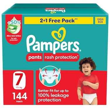 Pampers Rash Protection Pants Diapers, Size 7, 17+Kg, +50% Aloe Vera Lotion, 360&deg; Leak-Free Fit For Up To 100% Leakage Protection, Giga Box, 144 Count