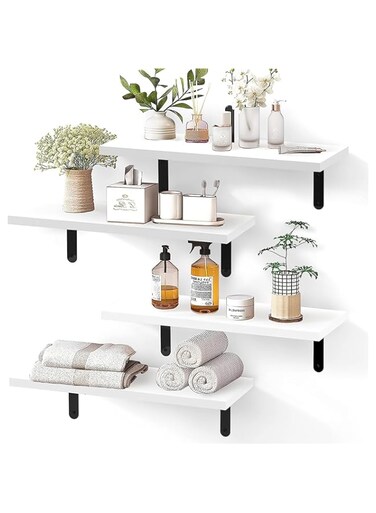 Beauenty Wall Shelves for Bedroom Decor, Floating Shelves, Wall Mounted Rustic Wood Shelf for Books,Plants,Small Wall Shelf for Bathroom,Kitchen (White, Set of 4)
