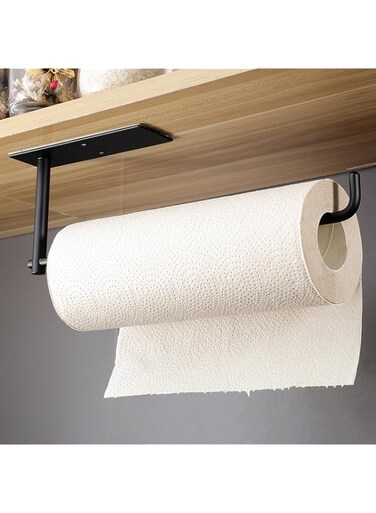 SUNTECH Paper Towel Holder Under Kitchen Cabinet - Self Adhesive Matte Black Towel Paper Holder Stick on Wall, SUS304 Stainless Steel