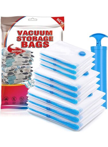 9-Pack Reusable Vacuum Storage Bags With Travel Hand Pump White/Blue 80x100cm