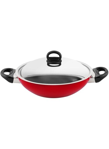 Prestige Classique Metal 26 CM Wok Kadai Non Stick Coating Safe &amp; Comfort Handling Lightweight &amp; Sturdy Construction-Red