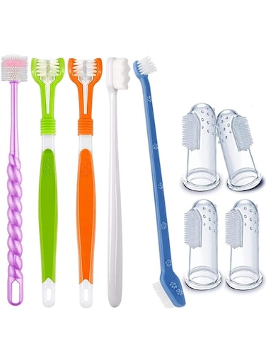 Tazweeq 9Pcs Dog Toothbrush, Dog Toothbrush Set, Triple Head Dog Toothbrushes, Dual Head Toothbrush, Finger Rubber Toothbrush, Multi-Angle Teeth Cleaning Brush for Oral Dental Care for Dogs and Cats