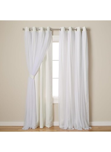 TOWN &amp; COUNTRY LUXE Exclusive Home Catarina Layered Solid Room Darkening Blackout and Sheer Grommet Top Curtain Panel Pair, 52"x84", Vanilla
