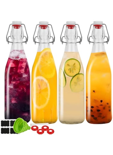 Premify 4 Pack Flip Top Glass Bottles with Airtight Stopper Lids 1 Liter/32oz &ndash; Clear Glass Brewing Bottle for Fermentation, Kombucha, Kefir,Oil, Water, Milk, Soda and Vinegar