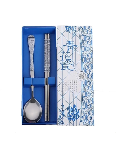 Portable Cutlery Set Reusable Travel Utensils, Stainless Steel Spoon Chopsticks Flatware Set, Camping Silverware, 3 Pcs Blue and White Porcelain Stainless Steel Metal Chopsticks Spoon Gift Box Set