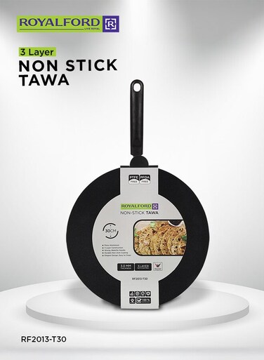 30CM Non-Stick Tawa &acirc;&euro;&ldquo; 3-Layer Durable Non-Stick Coating, 3 mm Thick Flat Pan with Heat-Resistant Bakelite Handle, Spin Bottom for Even Heating, Elegant Design, Easy to Clean &acirc;&euro;&ldquo; Ideal for Dosa, Roti, Pancake, Crepe &amp; Chapatti Black 30cm