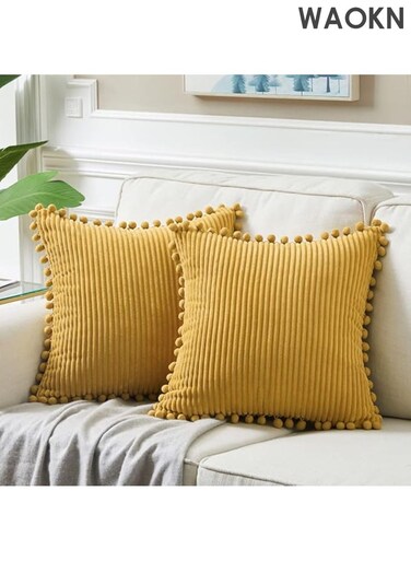 Pack of 2 Mustard Yellow Fall Decorative Throw Pillow Covers , suitable for Living Room Couch Bedroom , Soft Corduroy Solid Square Cushion Case 45x45 cm , Soft and comfortable, skin friendly and breathable , Boho Home Decor , yellow .