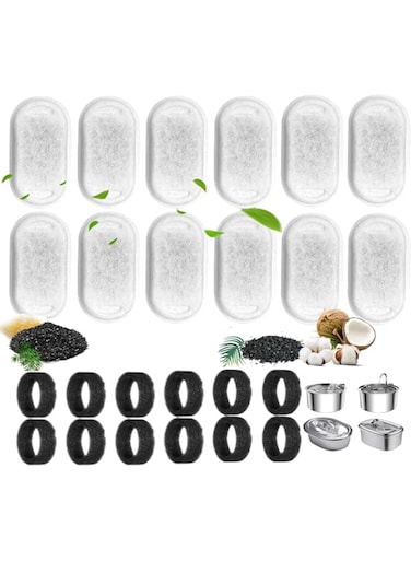 FEJYTOR 24PCS Cat Water Fountain Filters, Cat Fountain Filter Replacement for 108oz/3.2L &amp; 67oz/2L Stainless Steel Cat Water Fountain, Pet Fountain Activated Carbon Replaced Filter(12Filter+12Sponge)