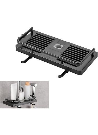 Joyzzz Shower Caddy Shelf, Adjustable Shower Caddy with Stainless Steel, Shower Rod Tray with Hanging Hooks, No Drilling Lifting Rod Shower Head Holder, Suitable for Round Tube 22-25mm Shower Pole
