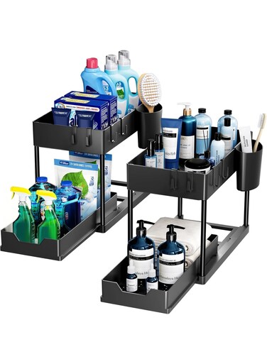 Tier Under Cabinet Sliding Basket Organizer - Black Multi-Purpose Storage Shelf for Kitchen Bathroom Under Sink Office